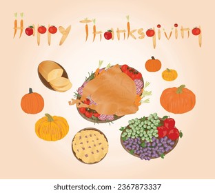 Thanksgiving wallpaper vectors for happy thanksgiving season preparation full of food baked chicken, bread, apple pie, pumpkin, fruits and happy thanksgiving text vectors.