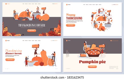 Thanksgiving website banners set with cartoon people preparing pumpkin pie and roasted turkey for festive meal, flat vector illustration. Web pages for Thanksgiving.