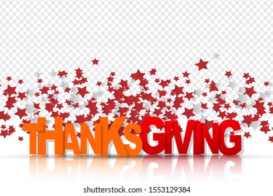 Thanksgiving website header or newsletter advertisement banner. Upright standing letters on white glass surface with reflection. Traditional american holiday design concept with stars.