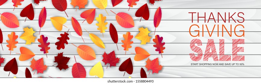 Thanksgiving website header or newsletter advertisement banner. Fall leaves on wooden rustic background. Traditional american holiday design concept. Vector illustration.