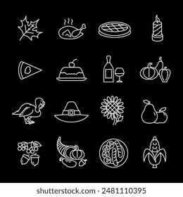 Thanksgiving, white line icons. Icons representing Thanksgiving Day celebrations. holiday and cultural themes. Symbols on black background. Editable stroke.