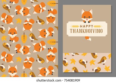 thanksgiving wild animal seamless pattern and greeting card template in flat design