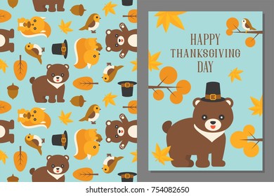 thanksgiving wild animal seamless pattern and greeting card template in flat design