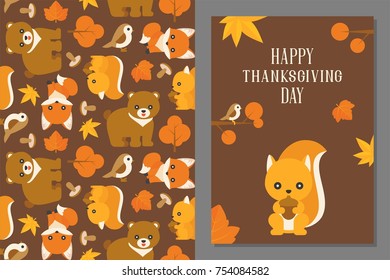 thanksgiving wild animal seamless pattern and greeting card template in flat design, such as bear, fox, squirrel, bird