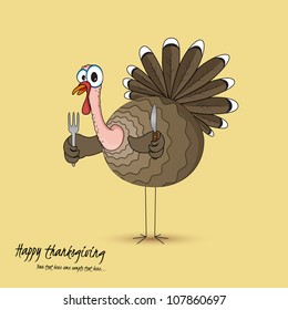 Thanksgiving wishing card with smiling turkey holding a fork and knife