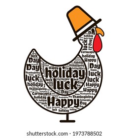 Thanksgiving word cloud in the shape of a turkey in a hat. Typography. Vector illustration .