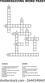 Dia de Ação de Graças Festa de Palavras e Halloween Palavras Cruzadas Puzzle Atividade Imprimível Vetor do jogo