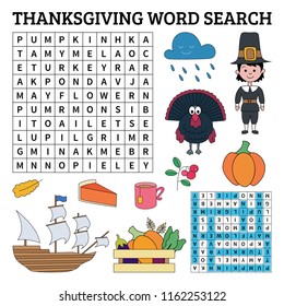 Thanksgiving Word Search Game For Kids. Vector Illustration For Learning English