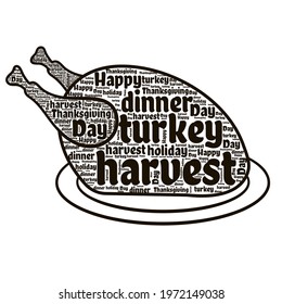 Thanksgiving words in the shape of a turkey on a plate. Vector illustration. Word cloud.