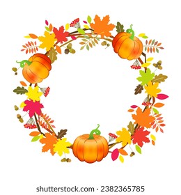 Thanksgiving-Kranz, Kürbishintergrund. Herbstrahmen-Designvorlage mit bunten Herbstblättern und Kürbissen. Vektorgrafik