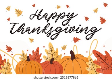 Thanksgiving-themed banner with pumpkins and autumn leaves on isolated background. Cute festive vector illustration in happy thanksgiving flat style. For banners, promotion, postcards.