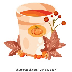 Thanksgiving-themed fall illustration with a pumpkin drink in a cute mug, autumn leaves, and berries. Perfect for cozy seasonal decor, festive graphics, and holiday treats.
