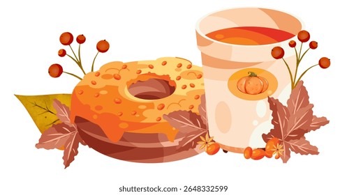 Thanksgiving-themed fall illustration with a pumpkin drink in a cute mug, frosted donut, autumn leaves, and berries. Perfect for cozy seasonal decor, festive graphics, and holiday treats.
