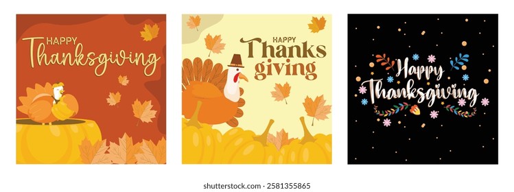 Thanksgiving-themed illustration featuring turkeys, pumpkins, fall leaves, and holiday greetings. Designed in a bright and festive style to celebrate the Thanksgiving season. Thanksgiving concept.