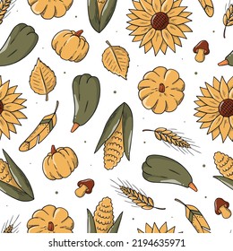 Thanksgivivng seamless pattern with sunflowers, pumpkins, corn and leaves. Harvest theme. Wrapping paper, scrapbooking, textile prints, wallpaper, backgrounds, etc. EPS 10