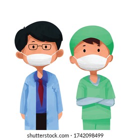 Thankyou doctors and nurses cute characters with watercolor style