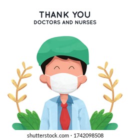 Thankyou doctors and nurses cute characters with watercolor style