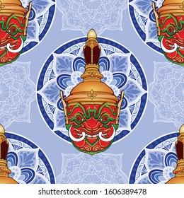 Thao Wessuwan inThai Khon mask pantomime with mandala vector seamless pattern with Porcelain blue background