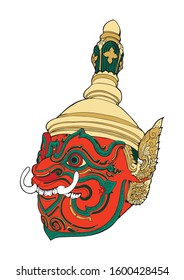 Thao Wessuwan king of giant.Thailand heritage Khon mask Thailand heritage illustration doodle tattoo style vector with true color paint 