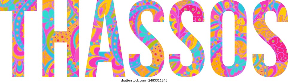 Título del texto de la isla de Thassos con patrón de doodle floral. Diseño único del Vector del nombre del lugar, uso para la cabecera del artículo, impresión del merch, blog del viaje, postal, impresión del arte de la pared  	