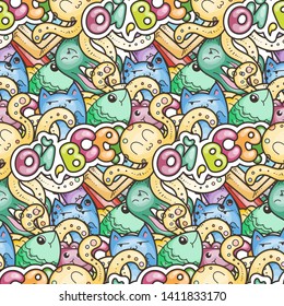 That is all. Seamless vector pattern with cute cartoon monsters and beasts. Nice for packaging, wrapping paper, coloring pages, wallpaper, fabric, fashion, home decor, prints etc. Vector illustration