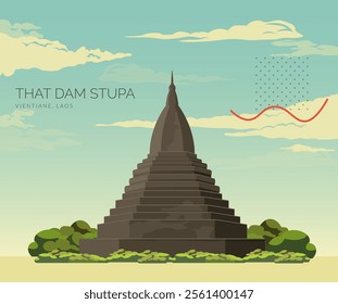 That Dam ( Black ) Stupa - Pagoda in Vientiane, Laos - Stock Illustration as EPS 10 File
