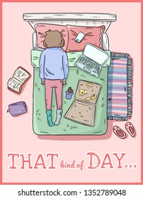 That kind of day. PMS. Tired girl. Mess at home. Comic style image