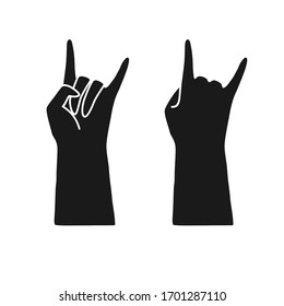 That rocks or horns gesture, hand black silhouette, isolated vector. Graphic element for logo design. Hand drawn stylized graphic illustration.