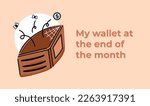 That time the end of the month, empty brown wallet vector illustration. Drawing with descriptive text simple layout design. Illustrating poor or broke situation isolated on landscape orange backdrop.