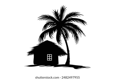 Thatch Hut and Palm Tree Silhouette Clipart, Beach House Silhouette Vector