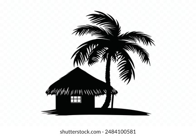 Thatch Hut and Palm Tree Silhouette Clipart, Beach House Silhouette Vector