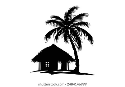 Thatch Hut and Palm Tree Silhouette Clipart, Beach House Silhouette Vector