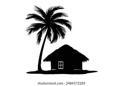 Thatch Hut and Palm Tree Silhouette Clipart, Beach House Silhouette Vector