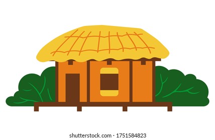 Thatched house, traditional house of Jeju island, stone house or building with thatched roof, isolated korean symbol. Seongeup folk village, popular place for visiting tourists in South Korea