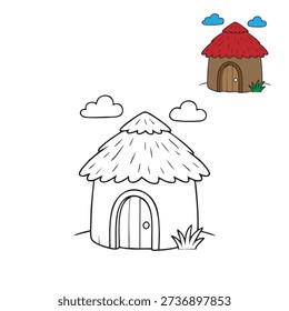 Thatched house vector illustration representing traditional architecture, rural living, and cultural heritage concept. Simple and clean house design with straw roof suitable for village scenes, tourism projects, historical illustrations, environmental themes, and educational materials.