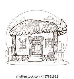 Thatched hut. Design gaming applications, game background, theatrical scenery.