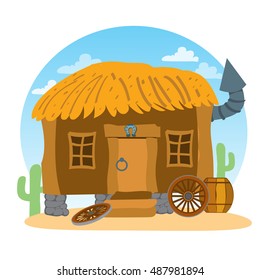 Thatched hut. Design gaming applications, game background, theatrical scenery.