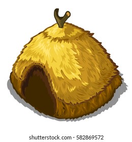 The thatched hut of a resident of an ancient tribe isolated on a white background. Primitive ecologically clean dwelling people. Vector cartoon close-up illustration.