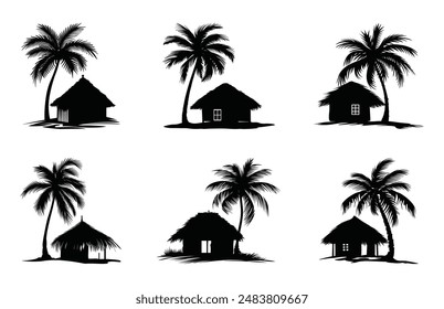 Thatched Hut Silhouette Clipart Set, Beach hut vector bundle