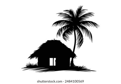 Thatched Hut Silhouette Vector, Beach House black Clip art