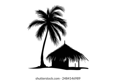 Thatched Hut Silhouette Vector, Beach House black Clip art