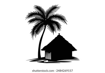 Thatched Hut Silhouette Vector, Beach House black Clip art