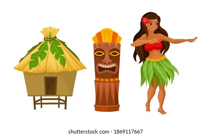 Thatched Hut and Woman Dancing with Hibiscus Flower in Her Head as Hawaiian Symbols Vector Set