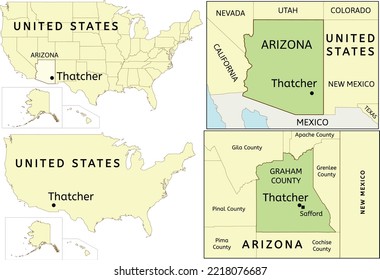 Thatcher city location on USA, Arizona state and Graham County map