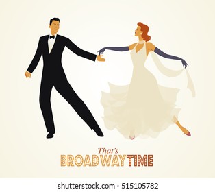 That's Broadway time: Elegant couple dressed in 1950s clothes style, dancing retro style