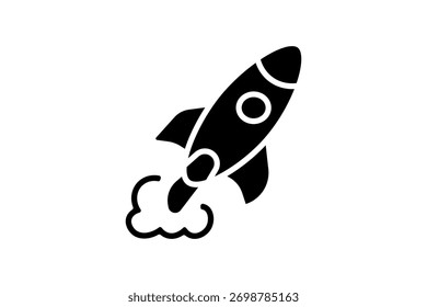 Das ist die Ikone eines Raketenabschusses, in einer durchgezogenen schwarzen Silhouette dargestellt. Sie steht für Unternehmensgründung, Projekteinführung, Innovation und schnelles Wachstum oder Erfolg.
