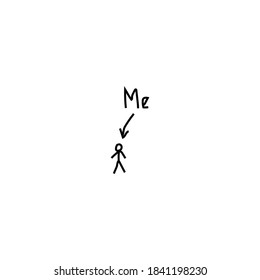 Thats me doodle. Abstract figure man with curved arrow pointer cheerful character drawn with black outline sketch of graphic white album sheet kindergarten sketch in vector notebook.