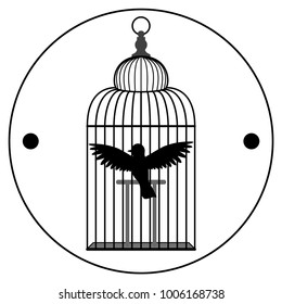 Thaumatrop. Bird in a cage. Black and white. An old animated toy of the 19th century. Victorian toy. Two sides, Isolated, white background
