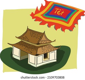 Thay pagoda and Vietnamese festival flags, the beauty of Vietnamese culture