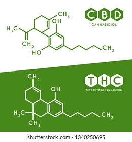Thc and cbd formula. Cannabidiol and tetrahydrocannabinol molecule structure compound. Medical marijuana molecules, cannabidiol biochemistry formula. Chemistry addiction vector illustration